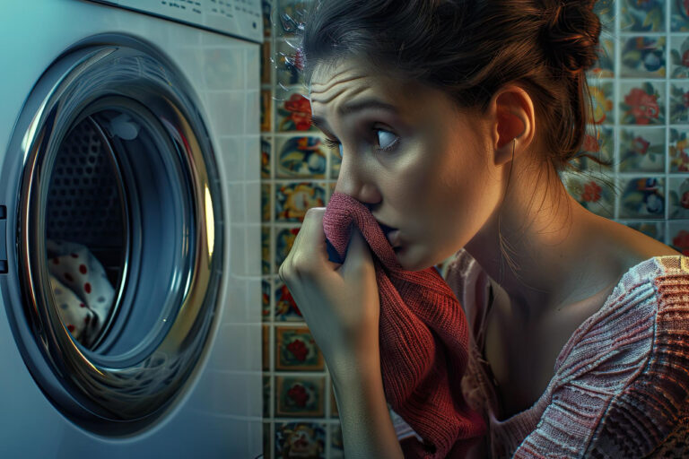 Une femme devant une machine à laver