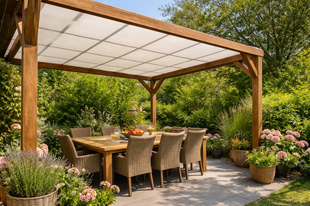 Un pergola avec un toit en bâche sur mesure