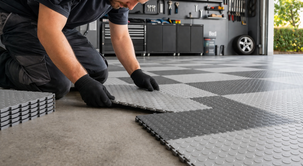 Installation de dalles clipsables dans le garage