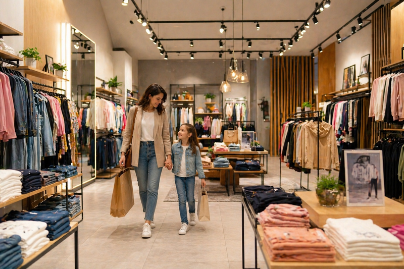 une maman et sa fille qui sillonnent les rayons d'un magasin de vêtements bien agencés