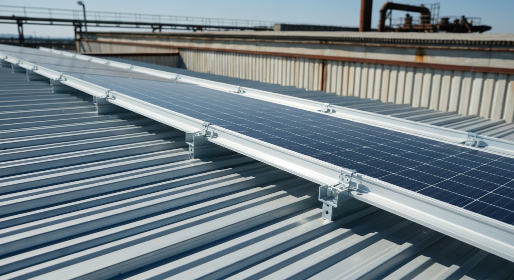 Toiture industrielle en bac acier avec systèmes de fixation pour panneaux solaires photovoltaïques compatibles
