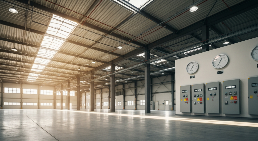 Intérieur d'un bâtiment industriel moderne illustrant la réduction des coûts d'énergie grâce à l'installation solaire sur toiture industrielle