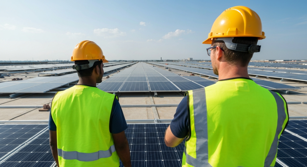 
Chantier d'installation de panneaux solaires sur une toiture industrielle lors des étapes clés d'un projet photovoltaïque