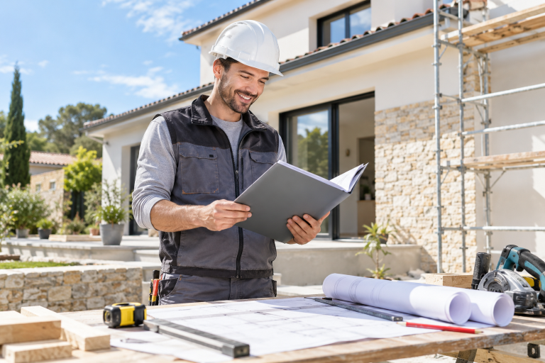 Artisan du bâtiment consultant un dossier d’assurance devant une maison en rénovation