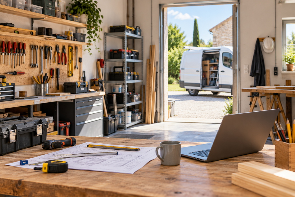 Atelier lumineux d’un artisan avec outils, plans et véhicule utilitaire.